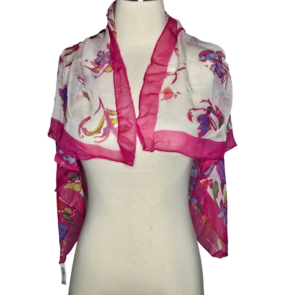 Jones New‎ York Silk Scarf 35x35 Fuchsia Pink Floral Watercolor Japan Wrap